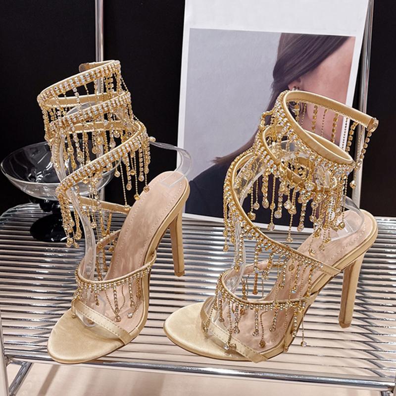 Liyke femei elegante nuntă banchet pantofi moda cristal Tassel Twining sandale stiletto sexy Open Toe stripper tocuri aurii