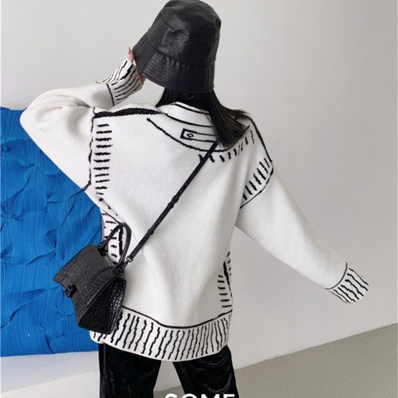 Graffiti Casual Knitted Sweater Cardigan Women New Autumn and Winter Long Sleeve Loose Women's Cardigans Jacket V Neck Vintage Pockets Sweaters 25290