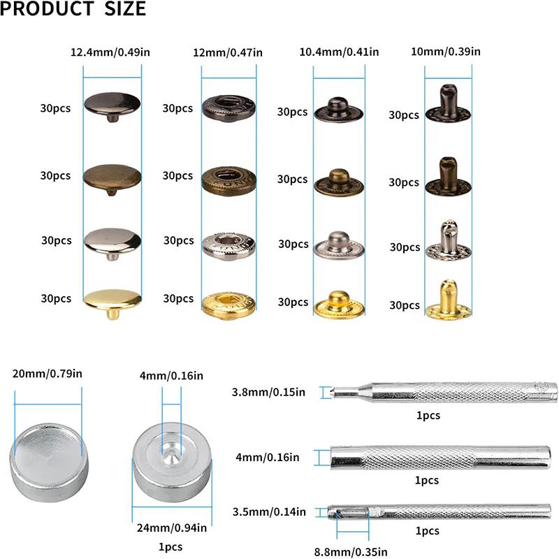 120Pcs Snap Fasteners Press Studs Set 12.5mm Metal Snap Buttons with 4 Install Tools No Sewing Snap Fastener Snaps Buttons Kit