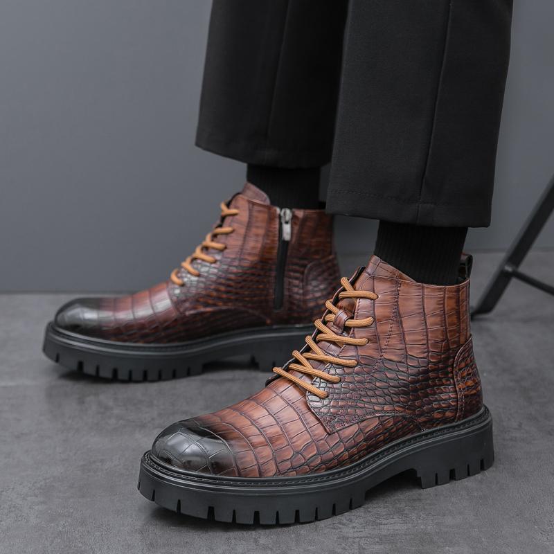 2024 Winter Classic Men's Leather Ankle Boots Trend Height Increasing High Top Shoes Handsome Workwear Boots for Men's Lace Up