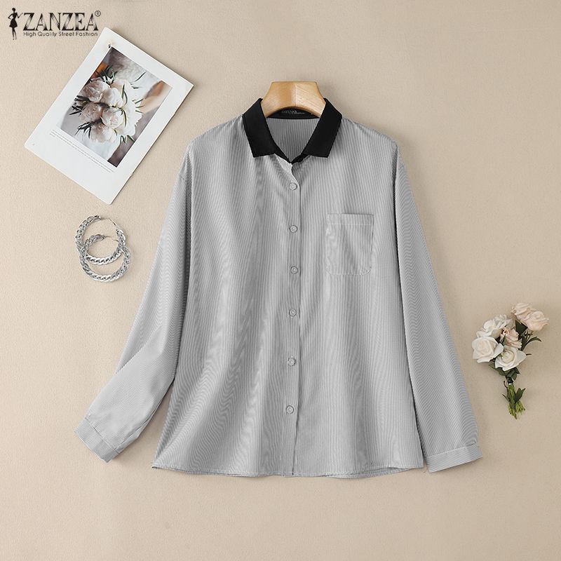 ZANZEA Women Casual Splice Turn Down Collar Long Sleeve Stripe Blouse