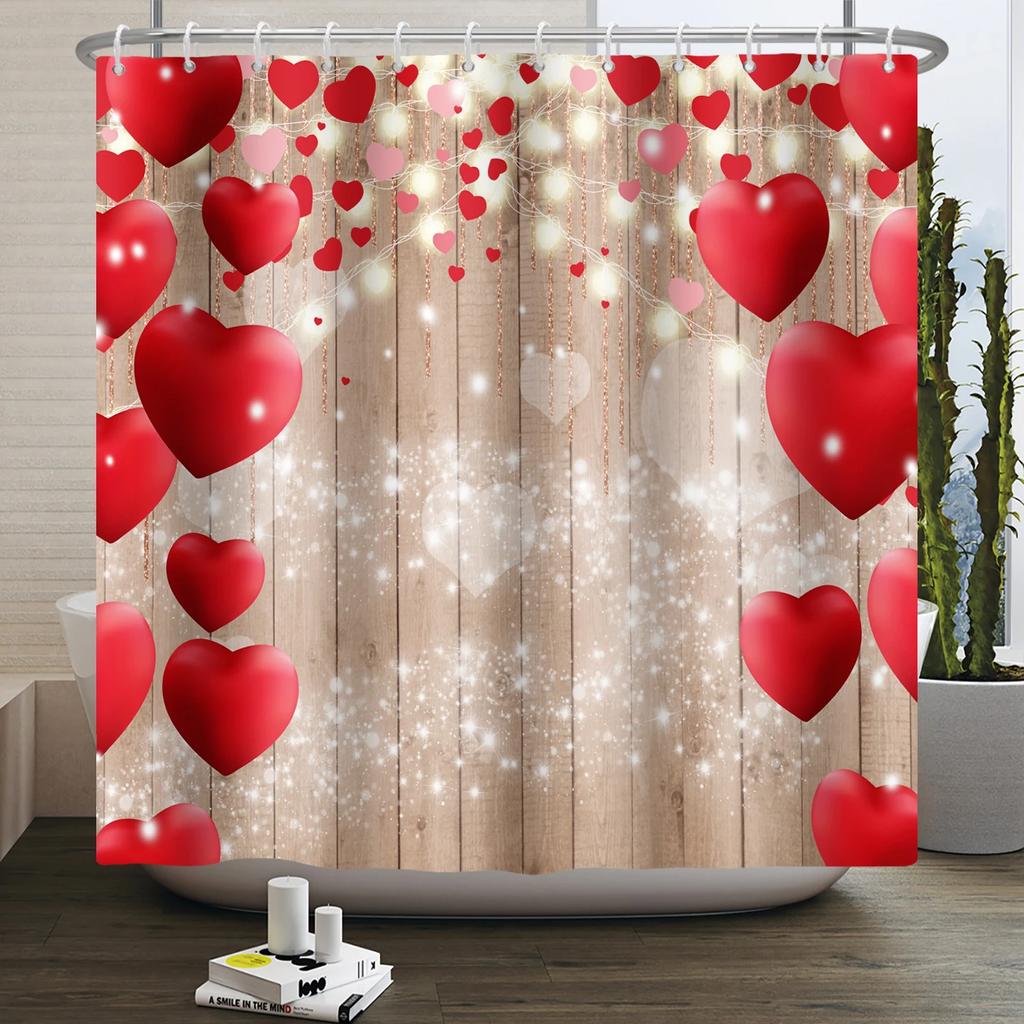 Happy Valentines Day Heart Shower Curtain Red Pink Romantic Falling Love Heart Sweet Lovers Waterproof Bathroom Curtain Decor