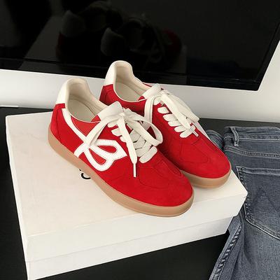 Leather Inner Height Increase Women's Red Retro Round Head Lace-up Light Casual Sports Shoes