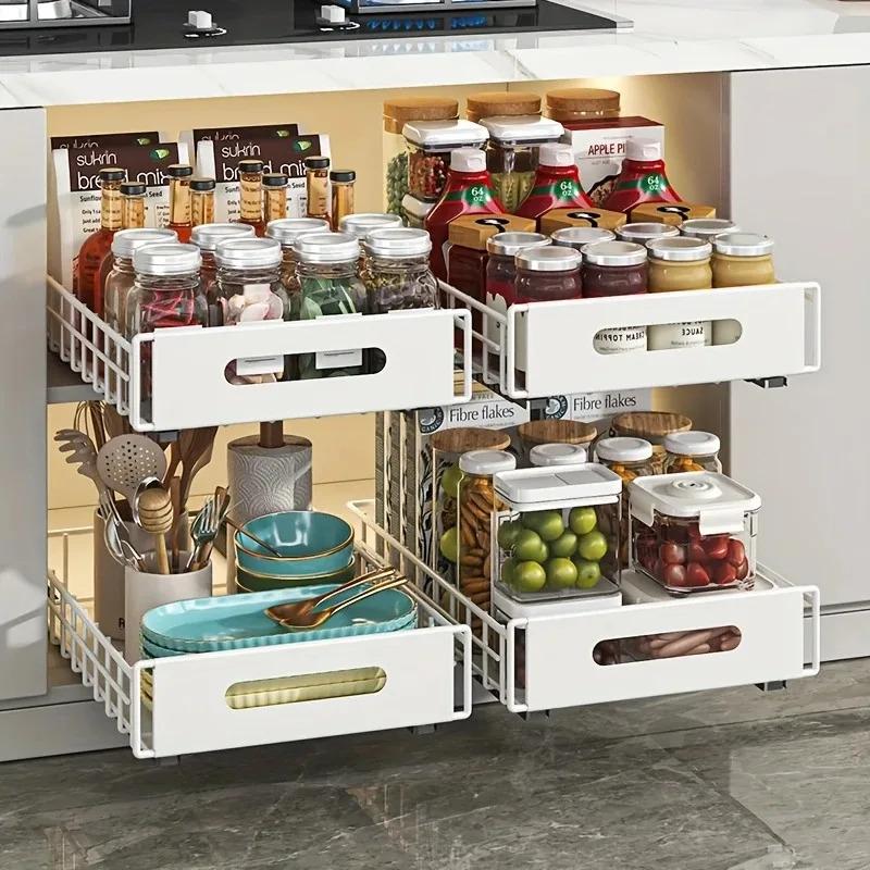 1-2pcs Pull-Out Kitchen Cabinet Storage Basket Condiment Holder Multifunctional Drawer Rack for Household Cabinet Organizing