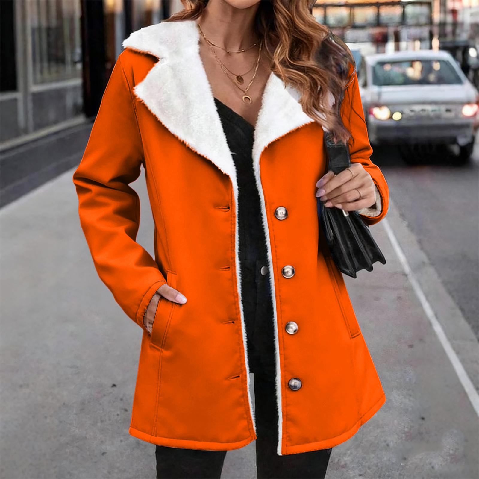 

Женское модное пальто миди оверсайз однотонное с флисовым воротником L оранжевый