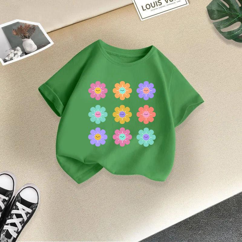 Children T-shirt FlowerPrinted Kids 100% Cotton Clothes Tops 2-13Y O-Neck Short-sleeve T-shirt