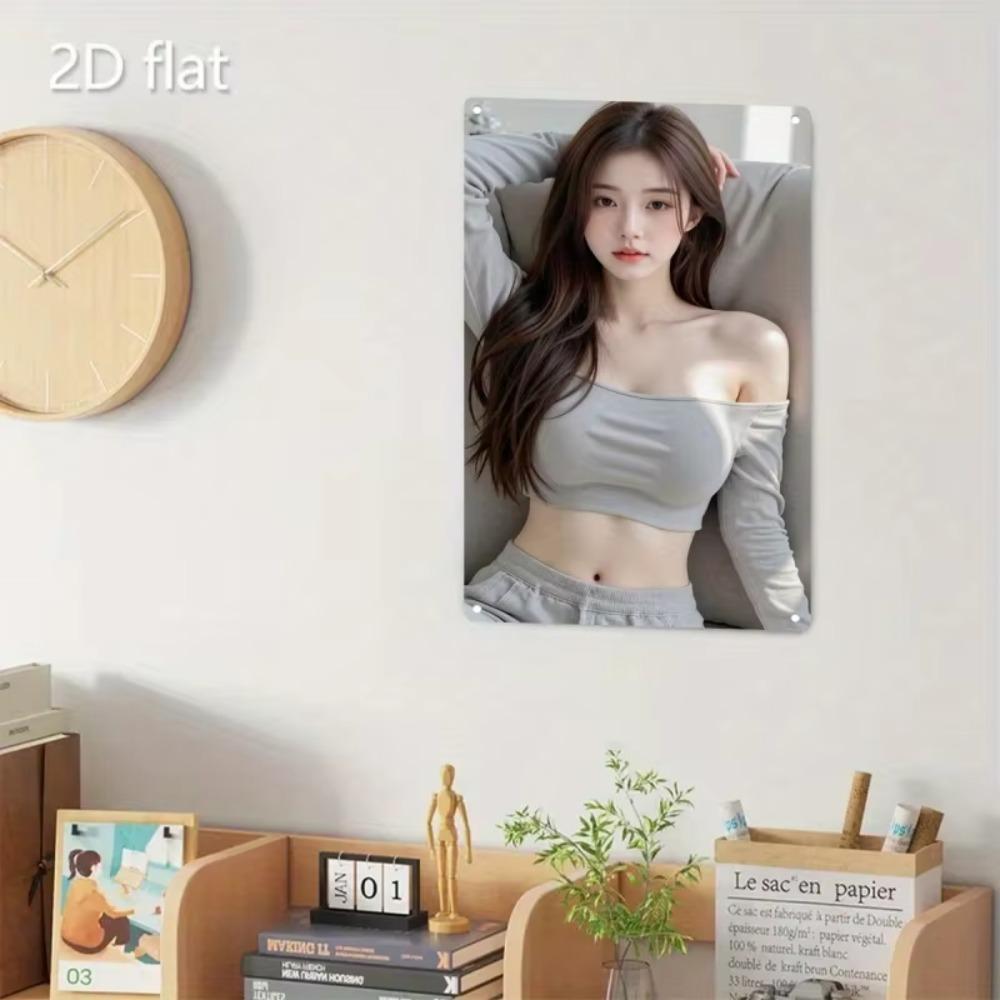 Vintage Metall Wandkunst Schild, Metall Poster - Elegantes Frauen Gesicht & Minimalistische Koreanischer Stil Frau Kunst - Robust