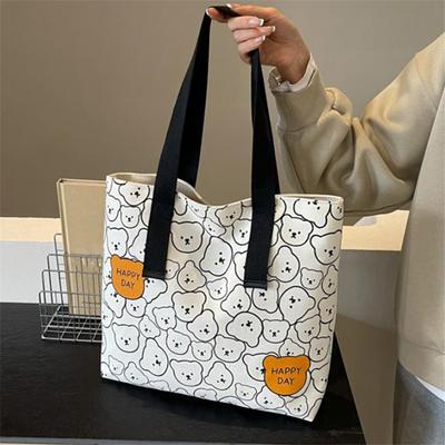 Chic Bear Print Canvas Tote Bag Versatile Handbag Shoulder Bag For Work  Travel  School With Durable Strap Small Crossbody Bag