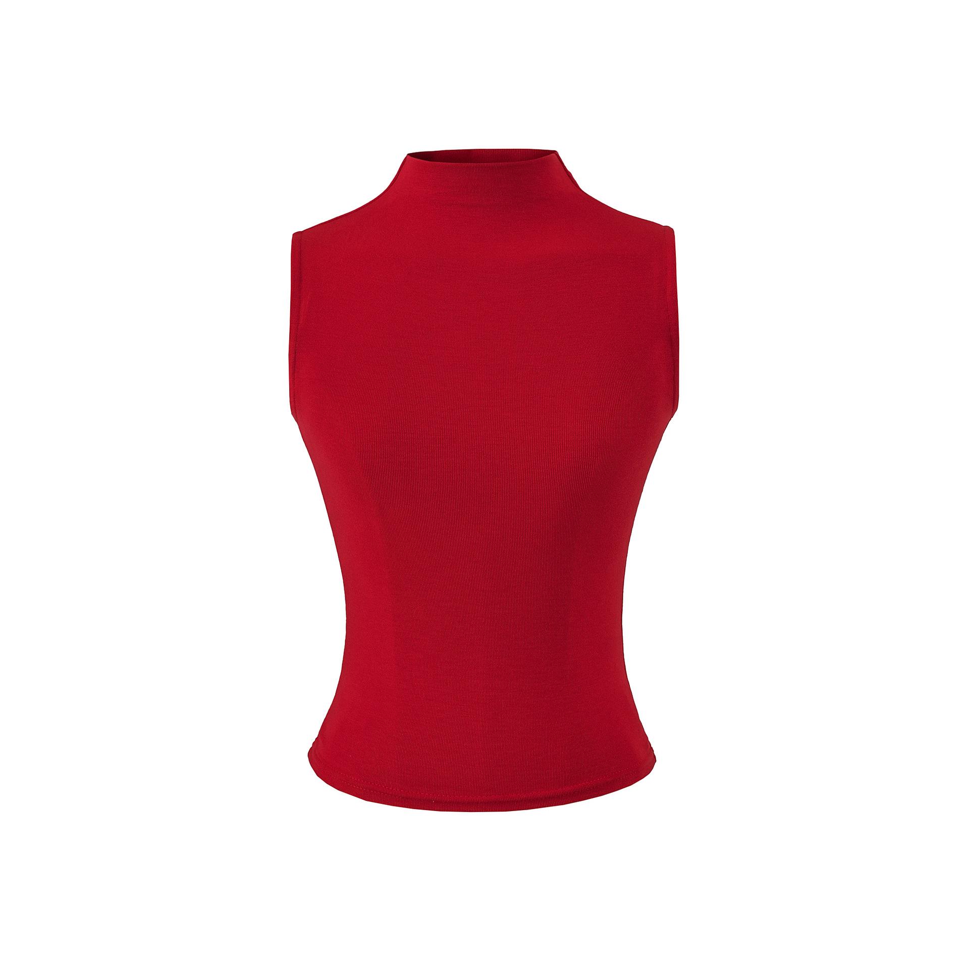 Elegant Sleeveless Half-High Collar White Slim-Fit T-Shirt for Women Small красный