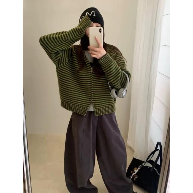 Women Autumn Korean Style Knitted CardigansLoose Knit Hooded Zipper Jackets Tops