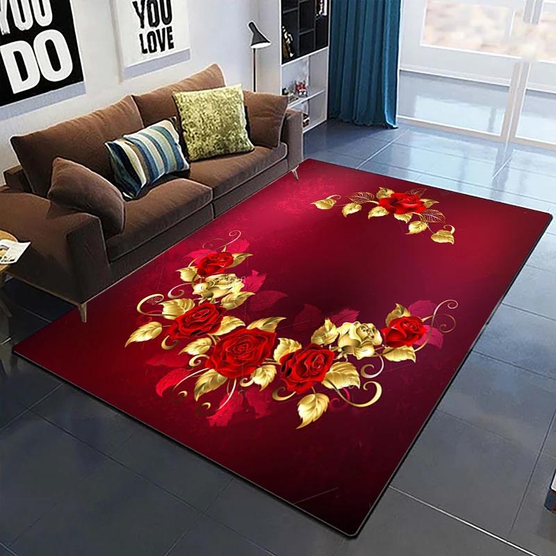 Goldene Rose Blumenteppich Für Zuhause Schlafzimmer Wohnzimmer Sofa Tisch Dekor Weicher Teppich Küchenbodenmatte 3D-Druck Blumenmuster Fußmatte