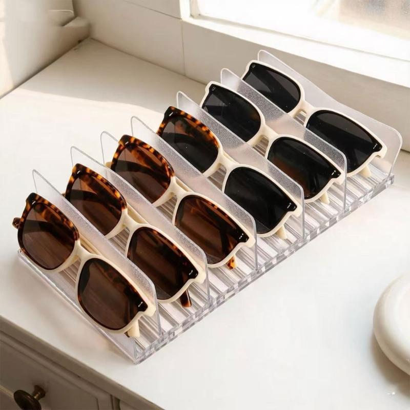 Clear Glasses Holder Organiser with Detachable Dividers, Eyeglasses Rack for Desktop Display, Bedroom Counter Storage, Sunglasses Sorting and Store