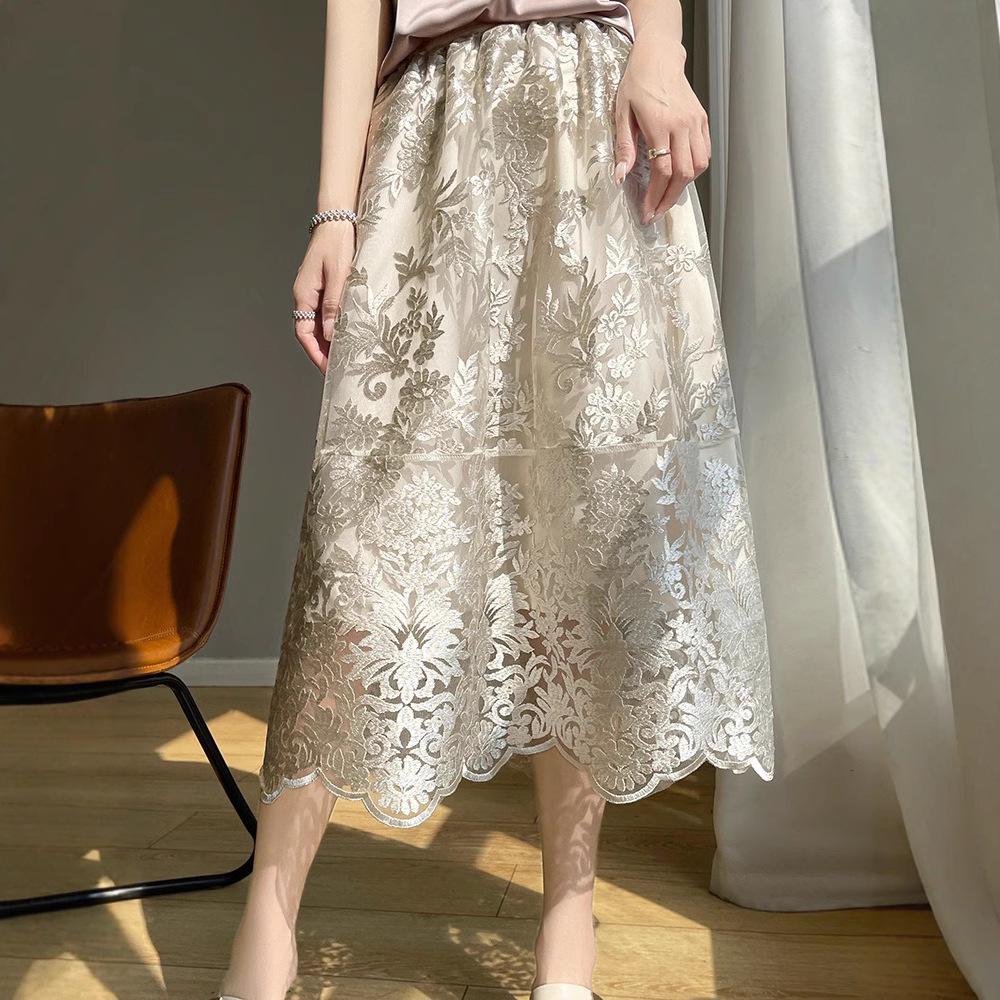 Summer 2025 High Waist A-Line Lace Midi Skirt