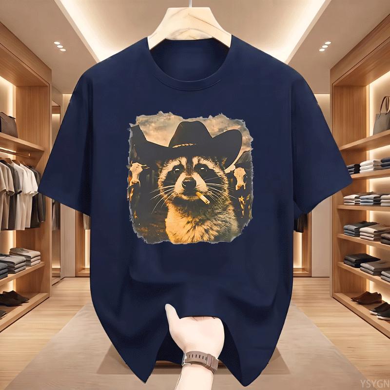 Funny Cowboy Raccoon Unisex Unisex Tshirt Animal Meme Graphic Tee Vintage Comfortable Short Sleeve Loose Tees Streetwear Tops