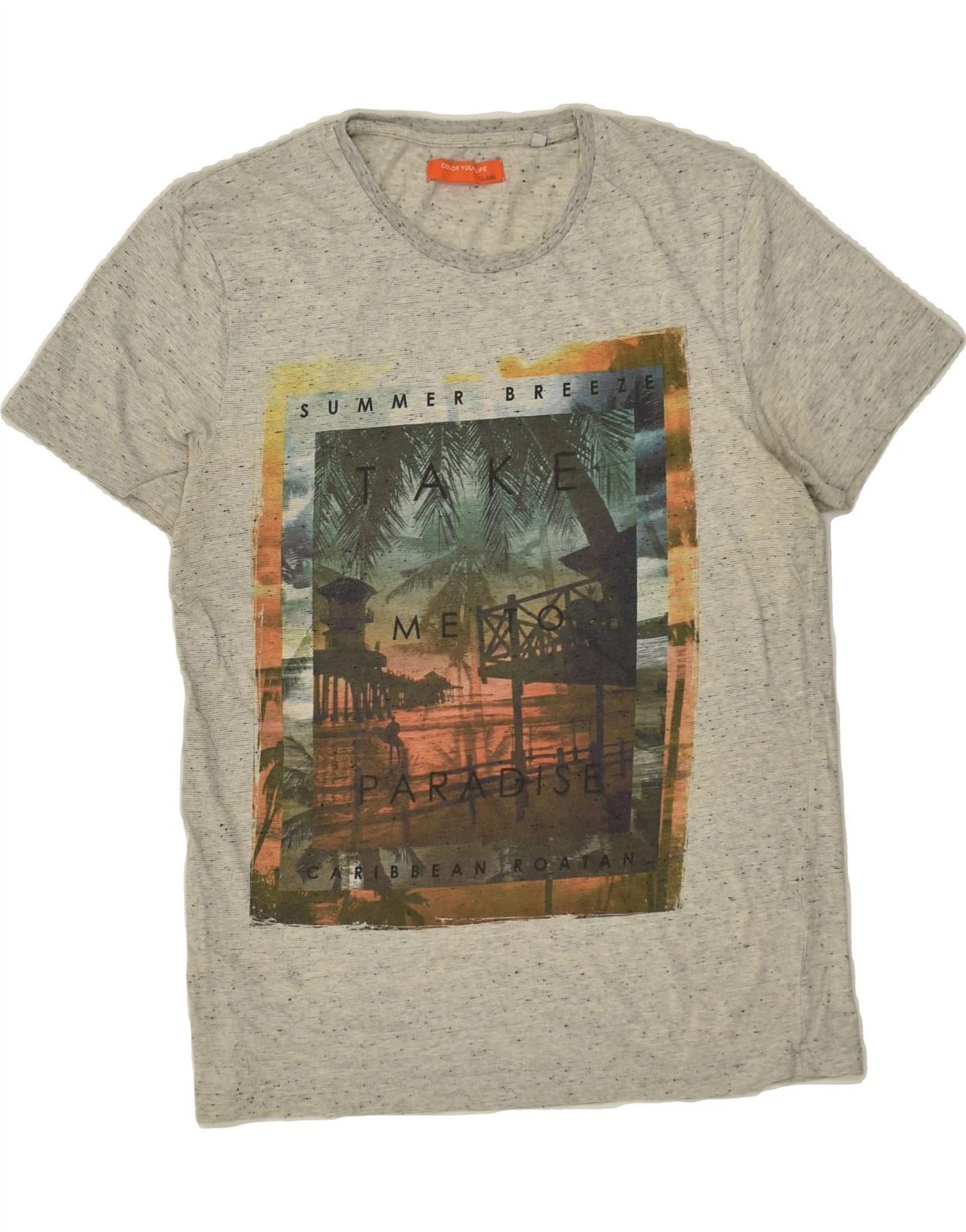 JULES Mens Graphic T-Shirt Top Medium Grey Flecked BE89 S