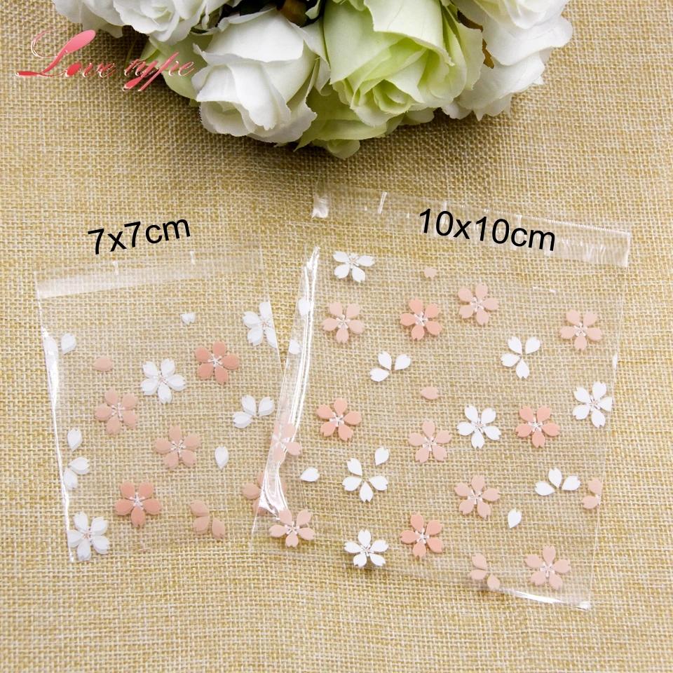 New 100PCS Cherry Blossoms Candy &Cookie Plastic Bags Self-Adhesive For DIY Biscuits Snack Baking Package Decor Kids Gift Su