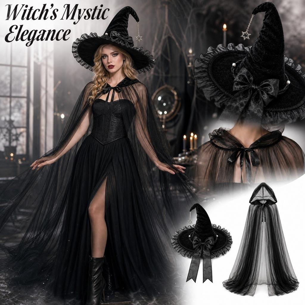 Women's Halloween Witch Hat and Cape Set with Hooded Mesh Cloak for Costume Party