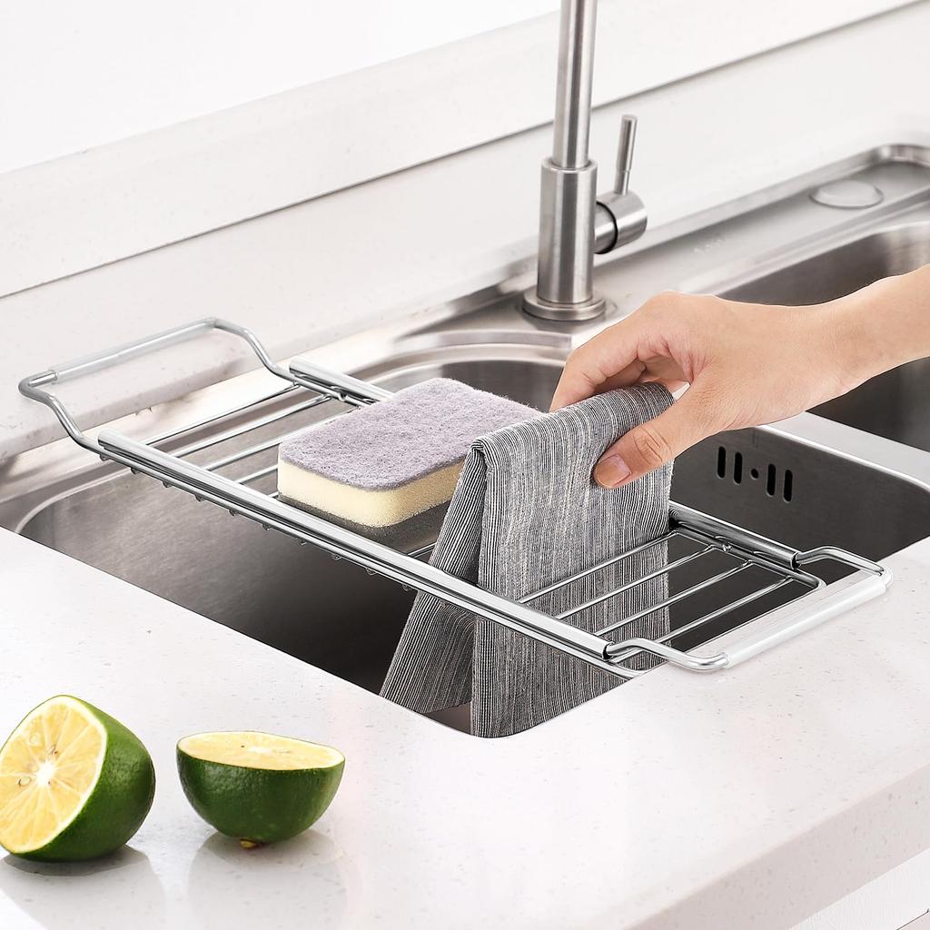 Susunnus Drainer Rack Drainer Basket Small Items Basket Telescopic Sliding Adjustable Automatic Drain Stainless Steel Kitchen Storage Kitchen Storage