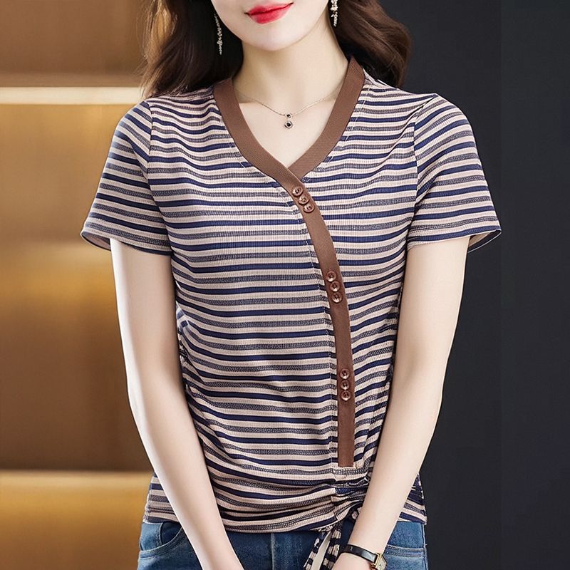 Summer New Drawstring Design Short-sleeved T-shirt Women's French V-neck Short-sleeved Design Niche Chic Striped Top