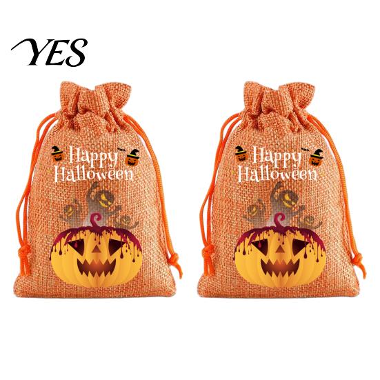 Trick or Treat Party Souvenirs 2Pcs Halloween Pumpkin Drawstring Bags for Candy Treats, Retro Burlap Cute Ghost Theme Pouches Bags, Portable