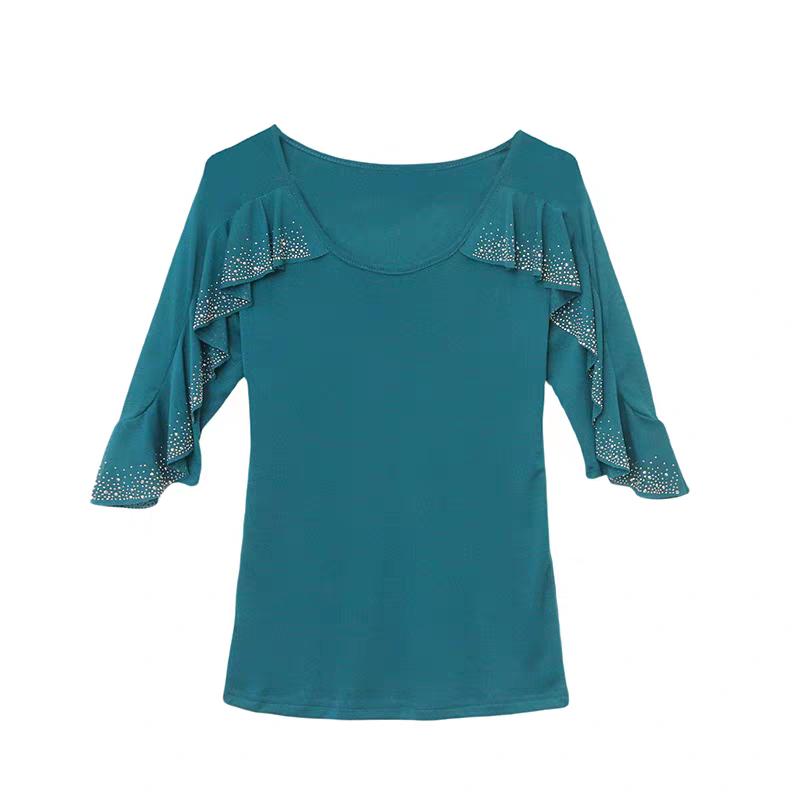New Summer Streetwear Girl Chic Ruffled Hot Diamonds T-Shirt Clothes Fashion V-Neck Half Sleeved Mesh Tops Women's Tees Blusas