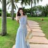 French Vacation Neck Hollow Embroidery Lace-up Dress for Women's High-end Sense of Foreign Style Age Reduction Waist and Thin Dress