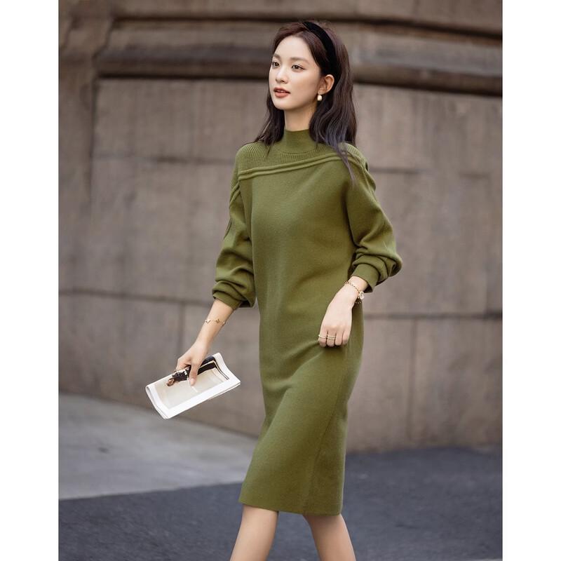Demana Women's Winter Elegant Half-High Collar Knit Midi Dress