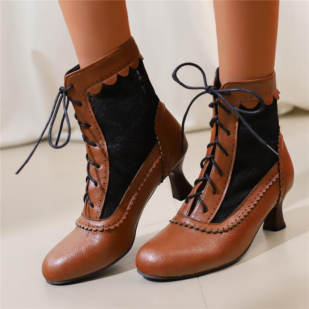 Fashion 2025 New Lace Up Hollow Mesh Victorian Ladies High Heel Shoes Strange Steampunk Boot Ankle Boots Women Thick Soled Short Boots