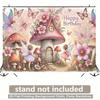2D Whimsical Fairy Garden with Mushroom House Happy Birthday Backdrop