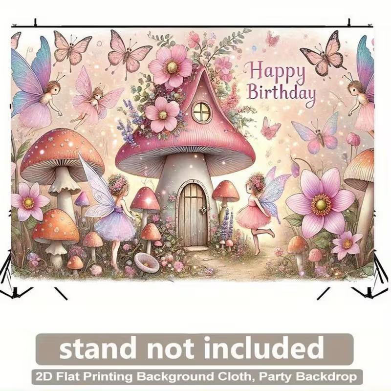 2D Whimsical Fairy Garden with Mushroom House Happy Birthday Backdrop