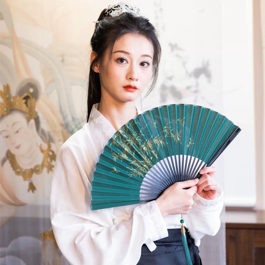 Chinese Style Folding Fan for Men, Portable, Retro Style, Classical, Traditional Hanfu, Black and Green, Bamboo Design