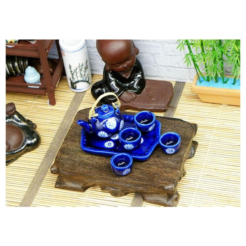 Miniature Teaware Set Model For Children And Collectors With Blue White Porcelain Teapot Cup Tray Doll House Furniture