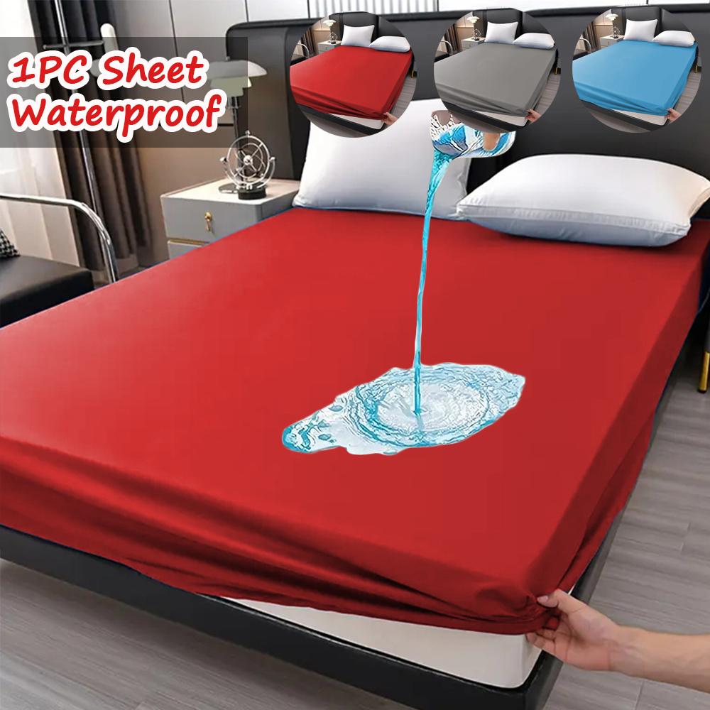 Super Waterproof Fitted Sheet Solid Color Non-Slip Mattress Protector Cover Comfortable Bedding with Elastic Band Deep Pocket