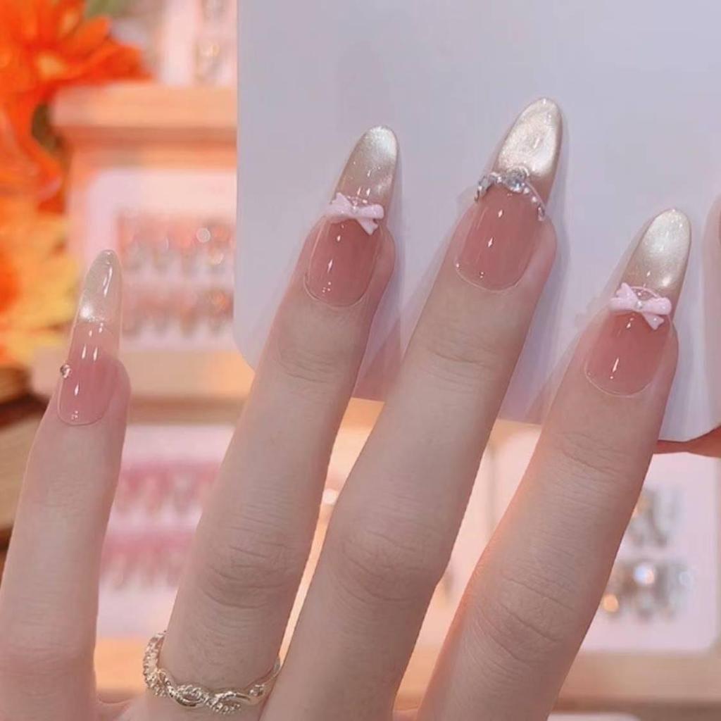 Blush French Cat Eye Princess Bow Nails - Handmade Wearable Nail Art
