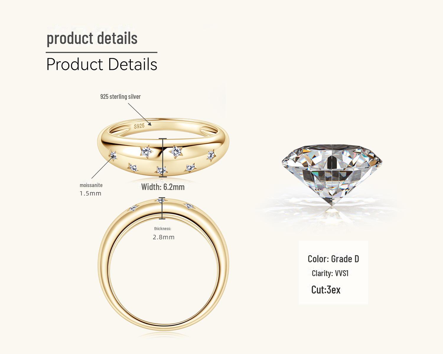 

Срібне кільце зі зоряним муасанітом 925 проби - ювелірні вироби з вказівним пальцем S925 US Size 5