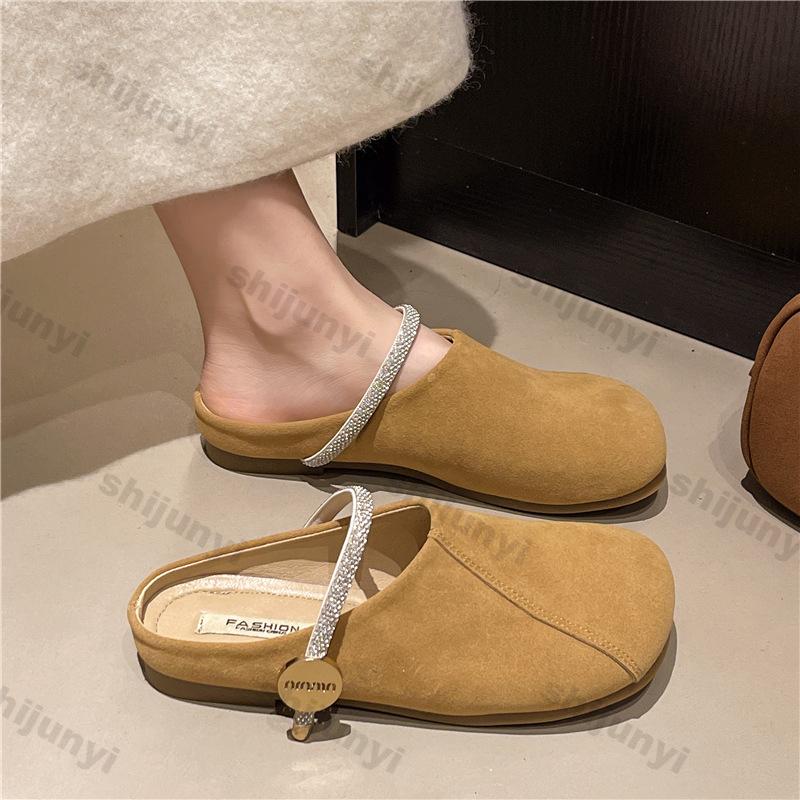 Women Shoes 2025 Summer New Vintage Rhinestone Half Drag Shoes Outdoor Comfort Soft Sole Metal Decoration Women Sandals