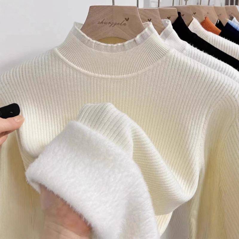 

New semi-turtleneck fleece thickened sweater women s autumn and winter lace edge integrated fleece knitted sweater bottoming shirt One size fits all [recommended 80-60kg]
