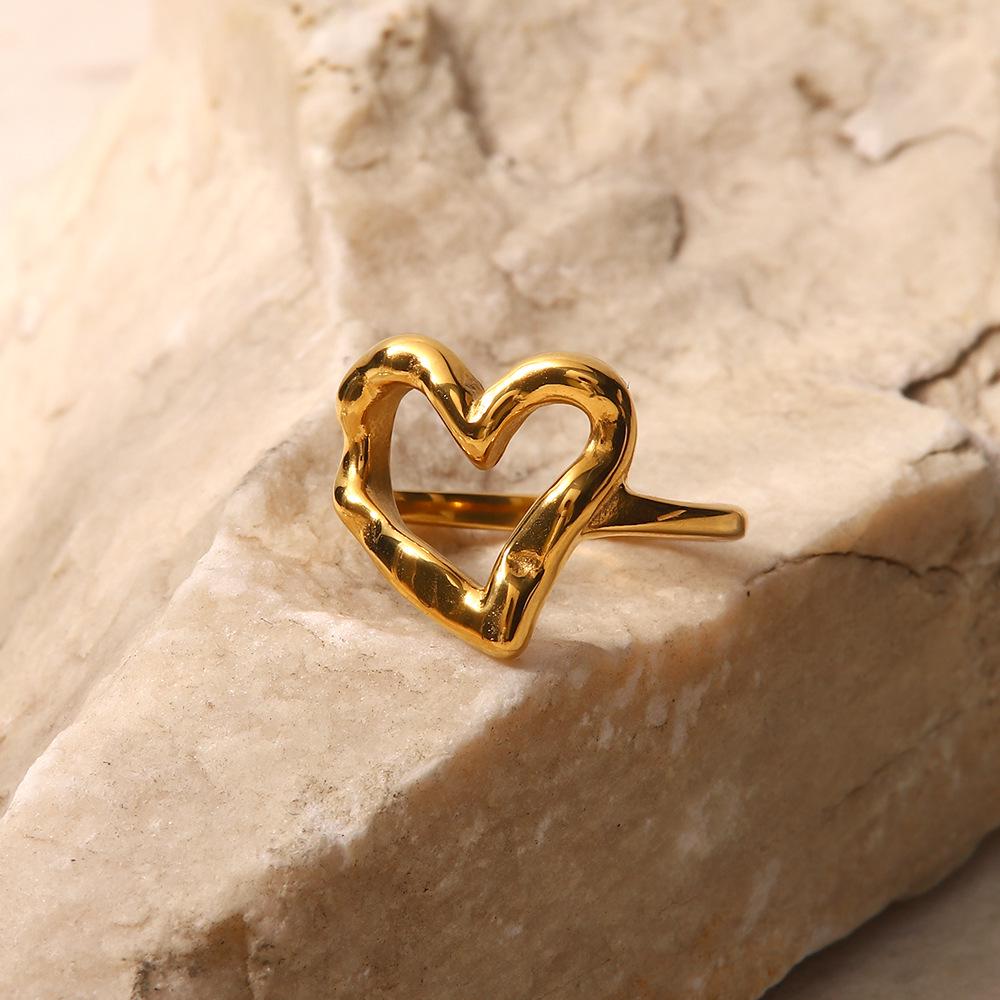 Personalized Heart-Shaped Textured Ring, 18K Gold Plated Stainless Steel