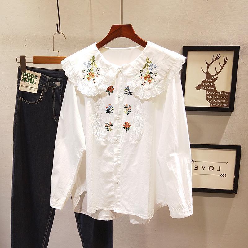 Damen Plus Size Bestickte Spitze Puppenkragen Langarmshirt - Frühling/Herbst Modischer Studentenstil