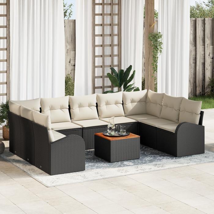 Ensemble de Canapé de Jardin 10 Pièces avec Coussins Noir Rattan Poly Acacia, Canapé de Jardin 2 Places avec Rangement 3356290