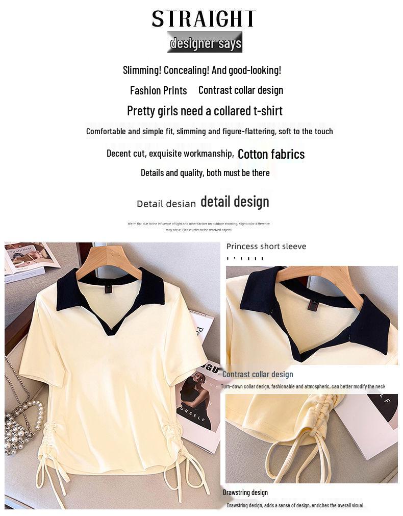 Women's Pure Cotton French Polo Collar V-Neck T-Shirt, Short Sleeve, Loose Fit, Plus Size, Summer 2025 Style