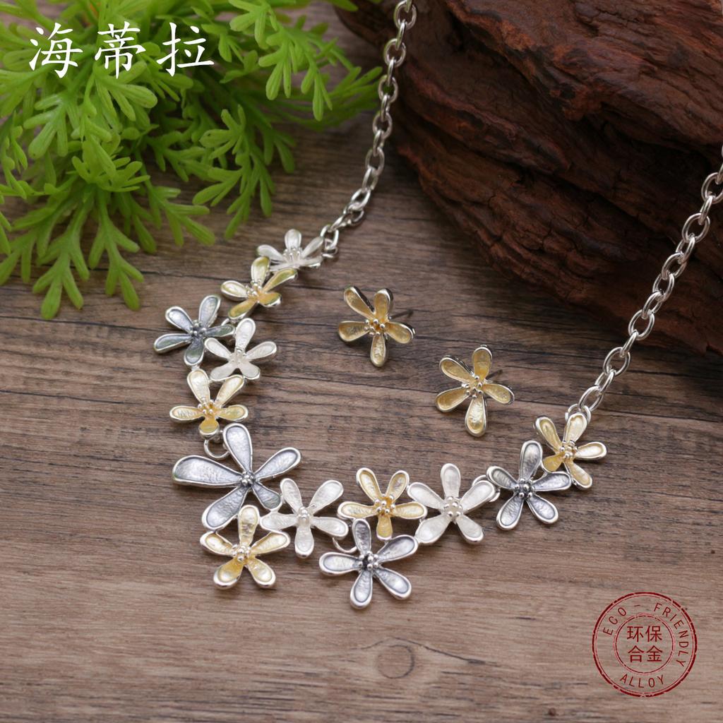 Colored flower stud earrings necklace set, fashionable painted oil flower women's versatile earrings neck chain