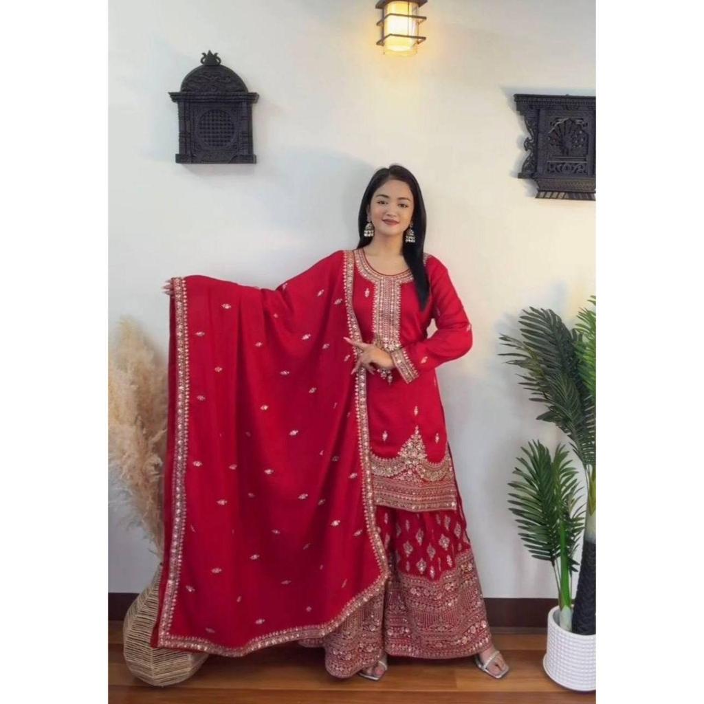 Launching New  Đěsigner Party Wear Look Pur Chinon Silk Top Plazzo & Dupatta Set