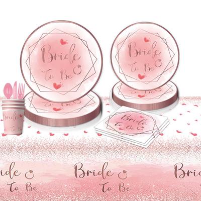 Pink 'Bride To Be' Paper Plates, Napkins & Tablecloth Set for Engagement, Wedding, or Bachelorette Party