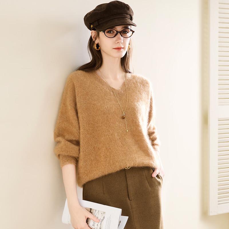 

TUHUANG Women s Soft Brushed Pure Cashmere V-Neck Sweater One Size (165/88A)
