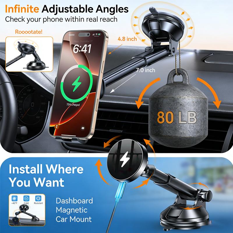 2026  Electronic Accessories Magnetic Wireless Car Charger Windshield Car Mount Phone Holder Consumer Chargers Adapters
