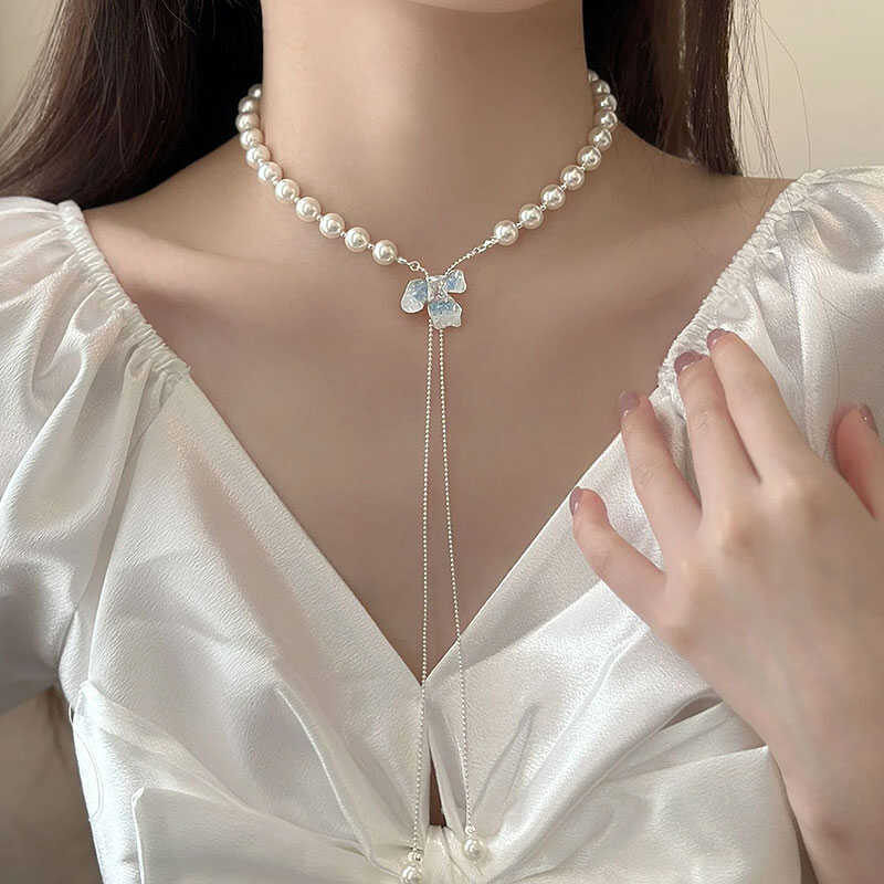 Pearl Beaded Y Shaped Necklace Women Butterfly Pendant Adjustable Tassel Chain Jewelry 1pcs