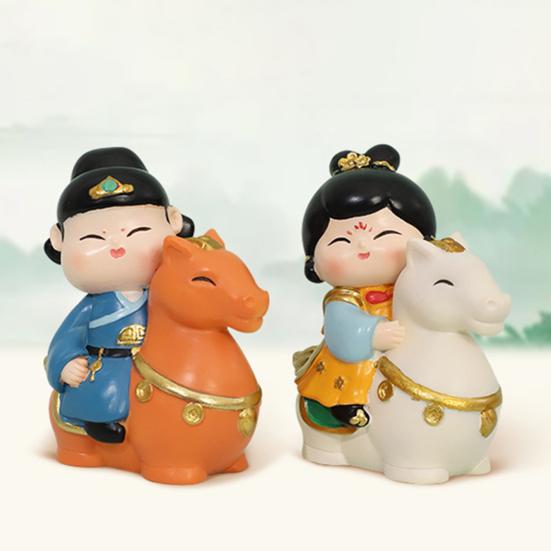 Chinese Style Horse Riding Ornament Cartoon Men Women Resin Figurine Statue Sculpture Home Office Desktop Decoration Souvenir Gift