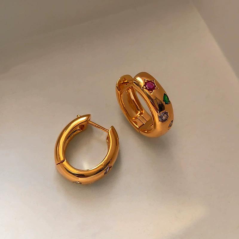 K real gold electroplated earrings retro European and American light luxury colored diamonds zircon niche high-end design sense new ear jewelry