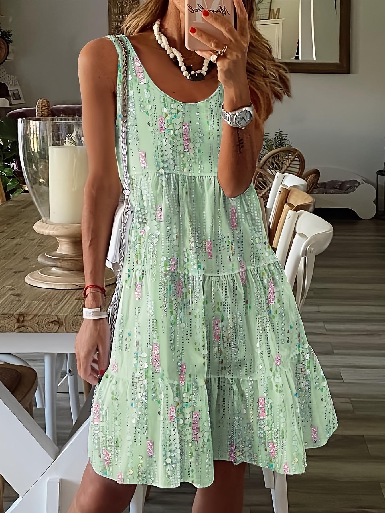 2026 Cross-border Spring/Summer New Casual Fashion Floral Print Loose Round Neck Sleeveless Midi Dress S